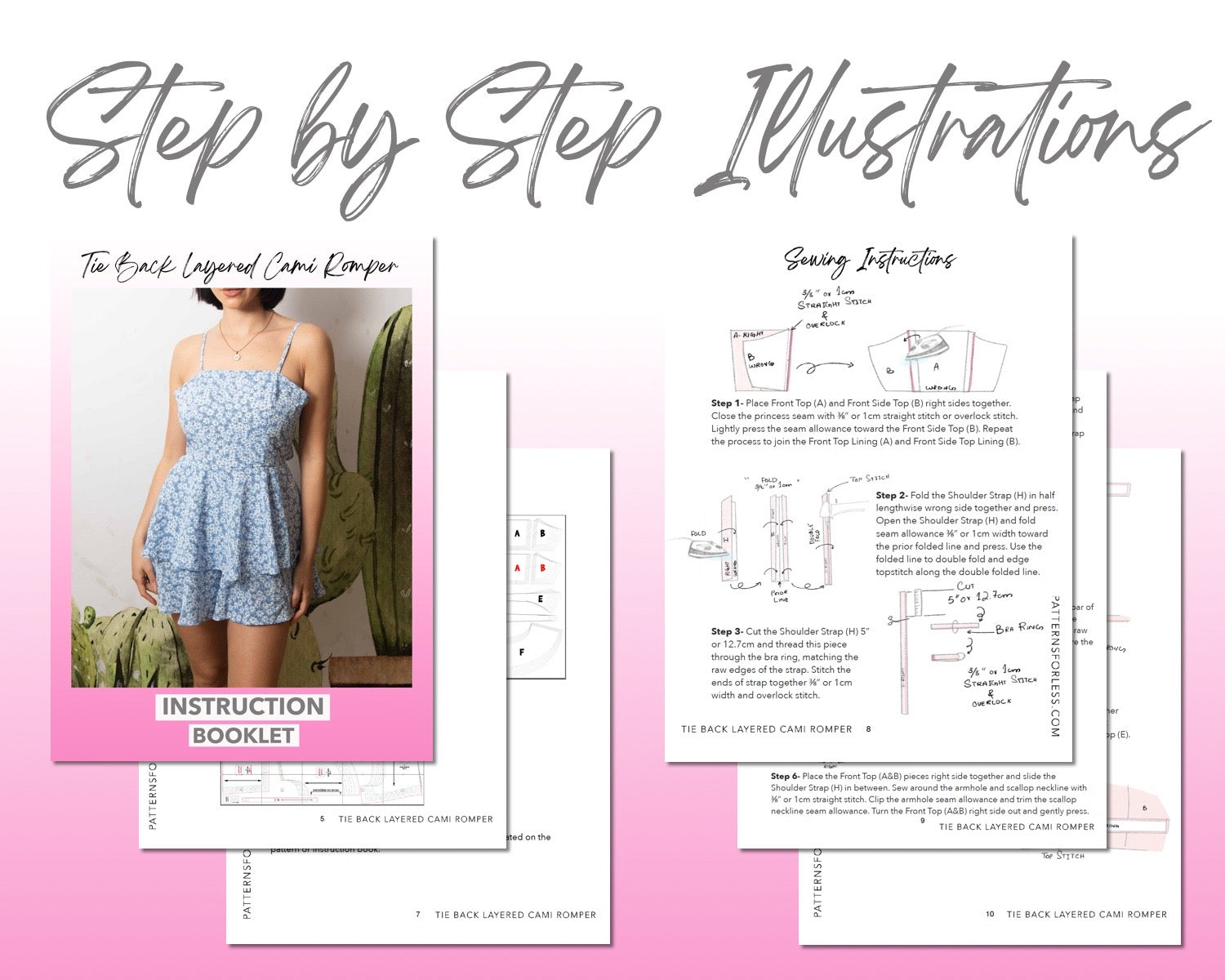 Tie Back Layered Cami Romper sewing pattern step by step illustrations.