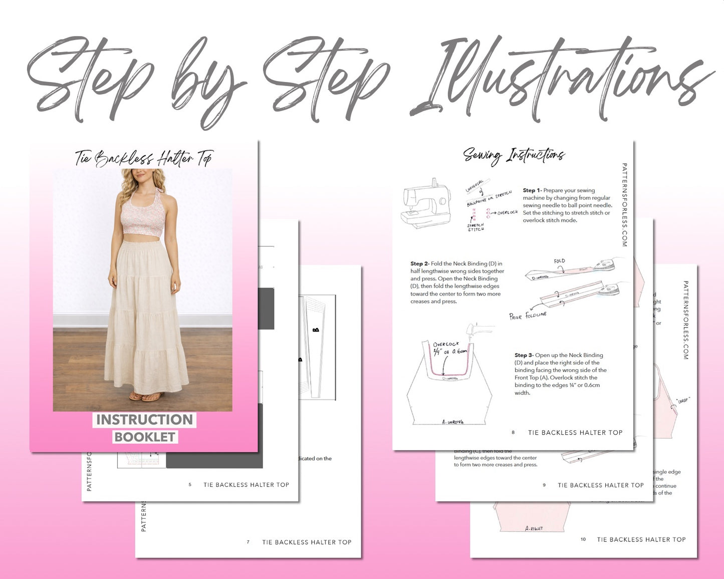 Tie Backless Halter Top sewing pattern instruction booklet showing step by step illustrations to make the garment.
