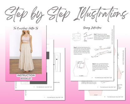 Tie Backless Halter Top sewing pattern instruction booklet showing step by step illustrations to make the garment.