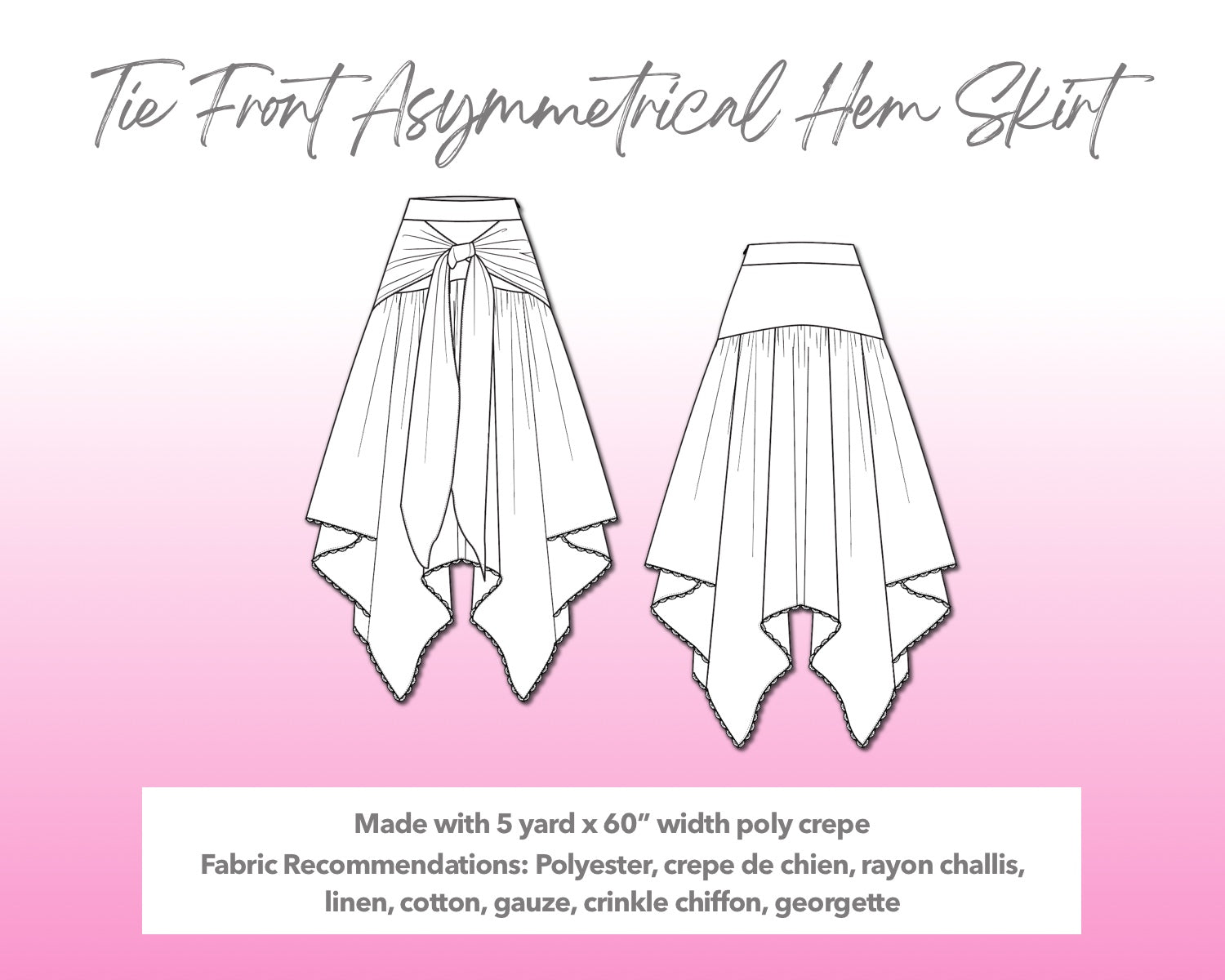 Illustration and detailed description for Tie Front Asymmetrical Hem Skirt sewing pattern.