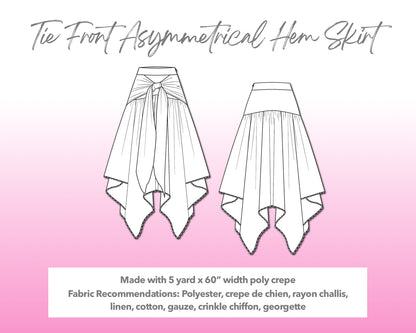 Illustration and detailed description for Tie Front Asymmetrical Hem Skirt sewing pattern.