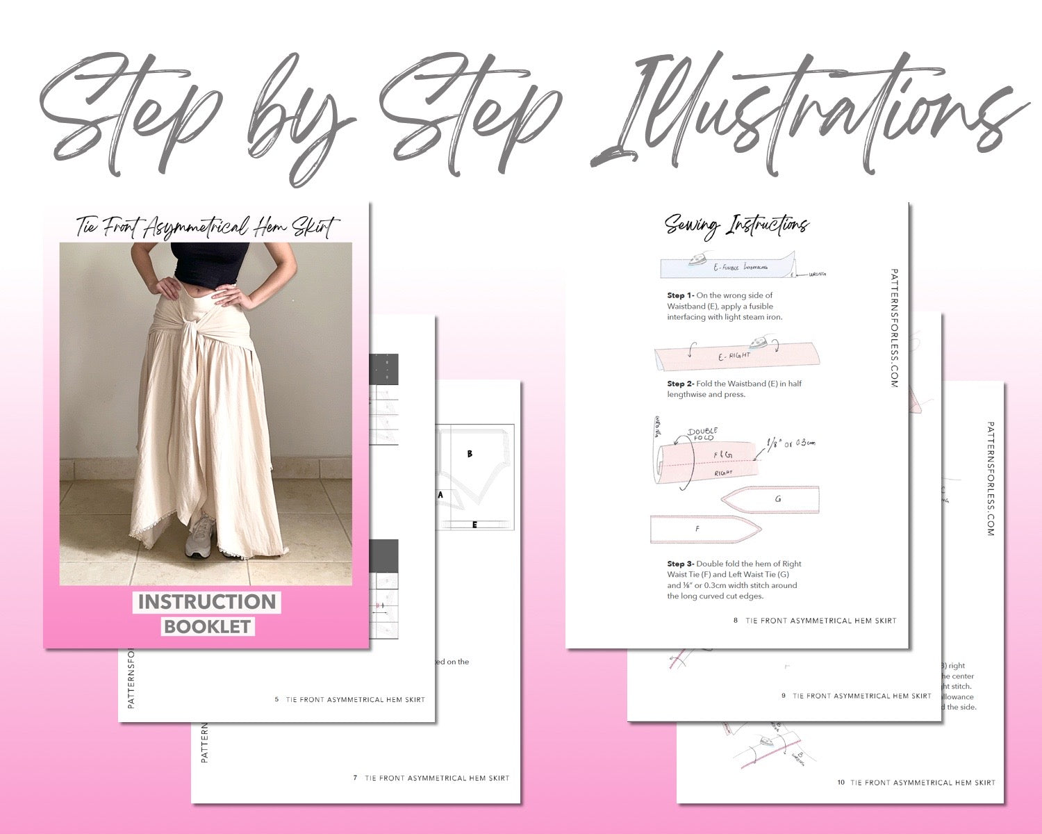 Tie Front Asymmetrical Hem Skirt sewing pattern step by step illustrations.