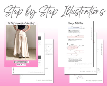 Tie Front Asymmetrical Hem Skirt sewing pattern step by step illustrations.