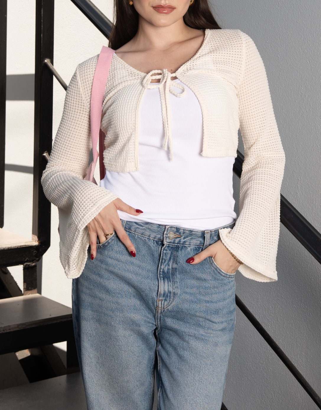 Front view of Bell Sleeve Crop Cardigan.