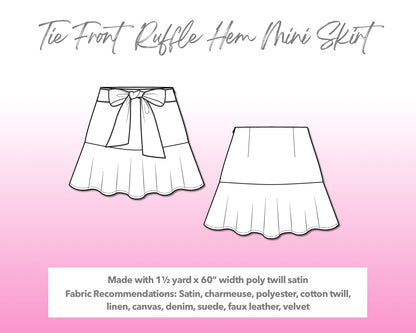 Illustration and detailed description for Tie Front Ruffle Hem Mini Skirt sewing pattern.