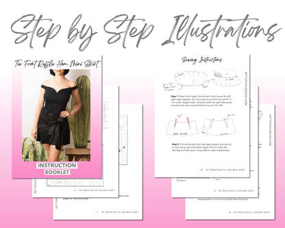 Tie Front Ruffle Hem Mini Skirt sewing pattern step by step illustrations.