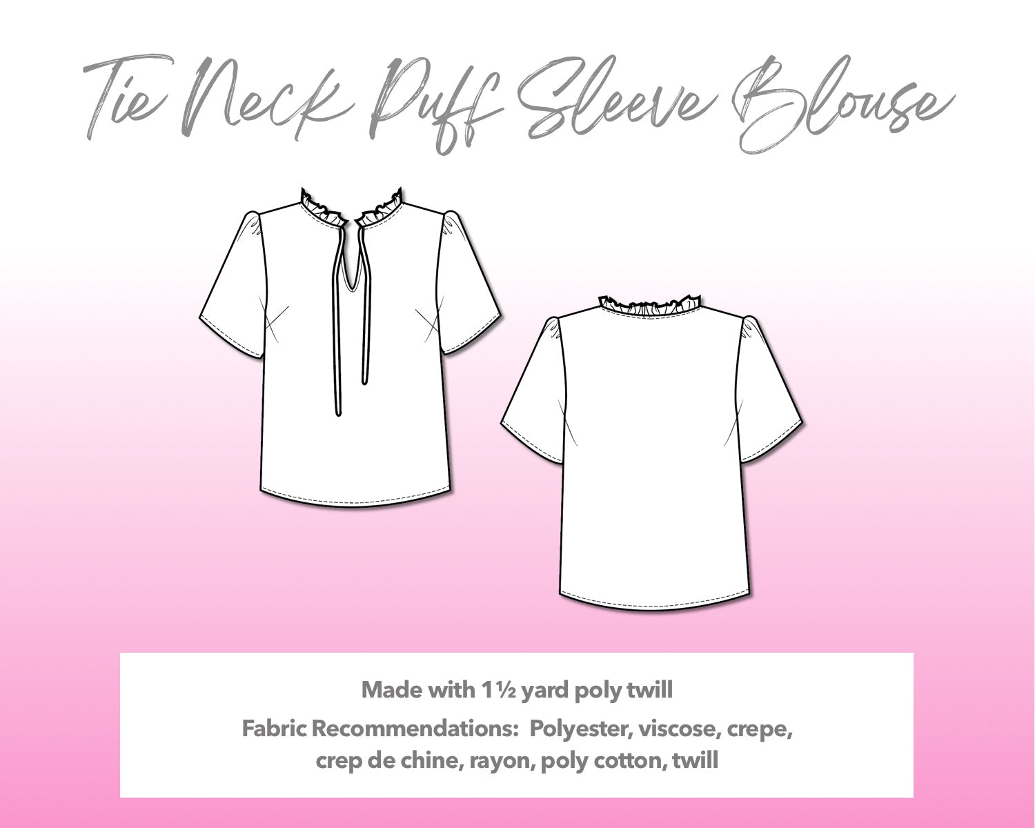 Illustration and detailed description for Tie Neck Puff Sleeve Blouse sewing pattern.