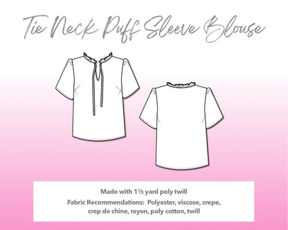 Illustration and detailed description for Tie Neck Puff Sleeve Blouse sewing pattern.