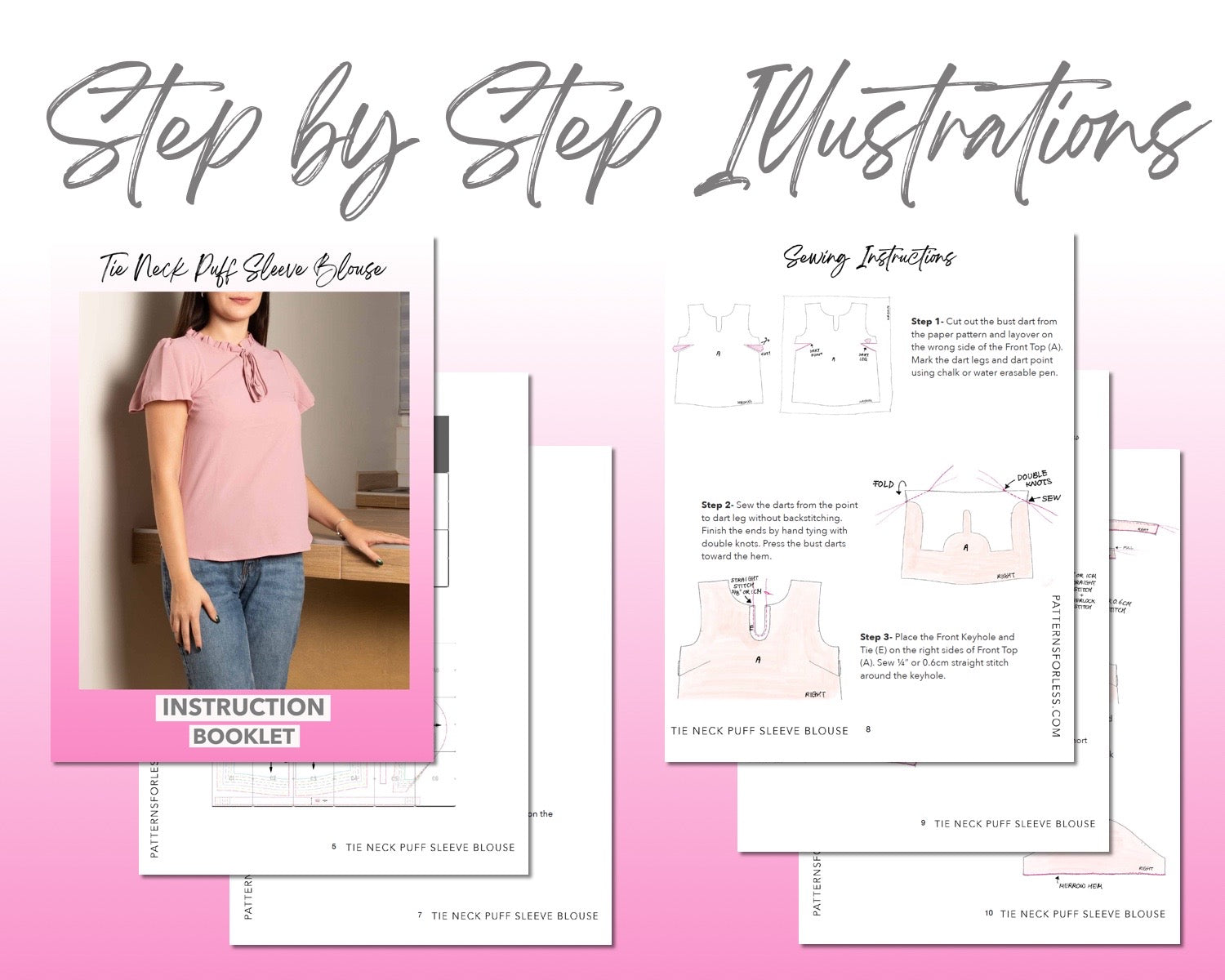 Tie Neck Puff Sleeve Blouse sewing pattern step by step illustrations.