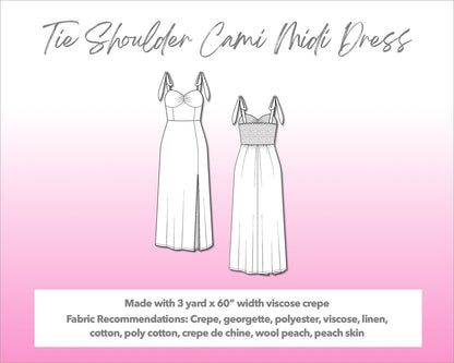 Illustration and detailed description for Tie Shoulder Cami Corset Midi Dress sewing pattern.
