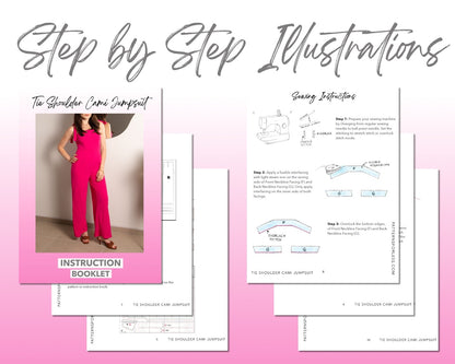 Tie Shoulder Cami Jumpsuit sewing pattern step by step illustrations.