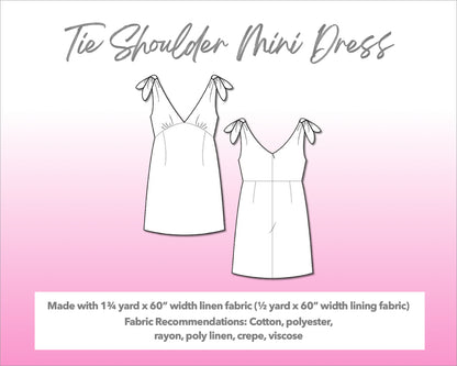 Illustration and detailed description for Tie Shoulder Mini Dress sewing pattern.