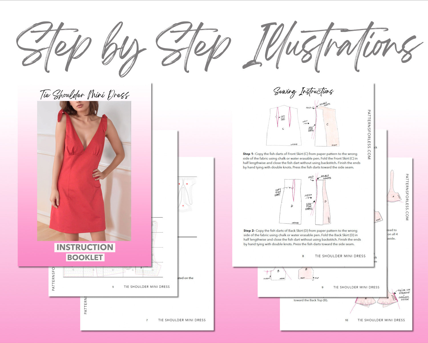 Tie Shoulder Mini Dress sewing pattern step by step illustrations.