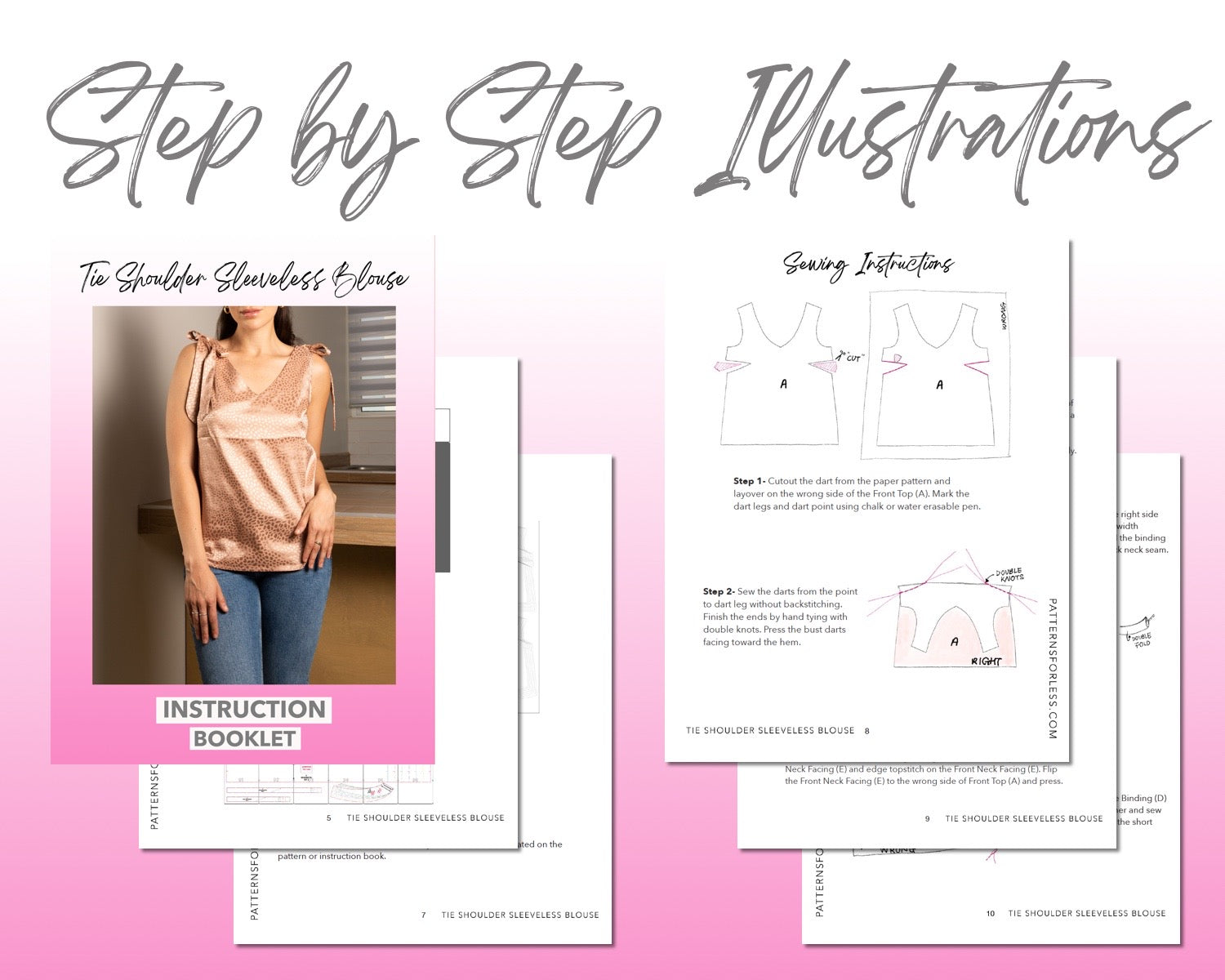 Tie Shoulder Sleeveless Blouse sewing pattern step by step illustrations.