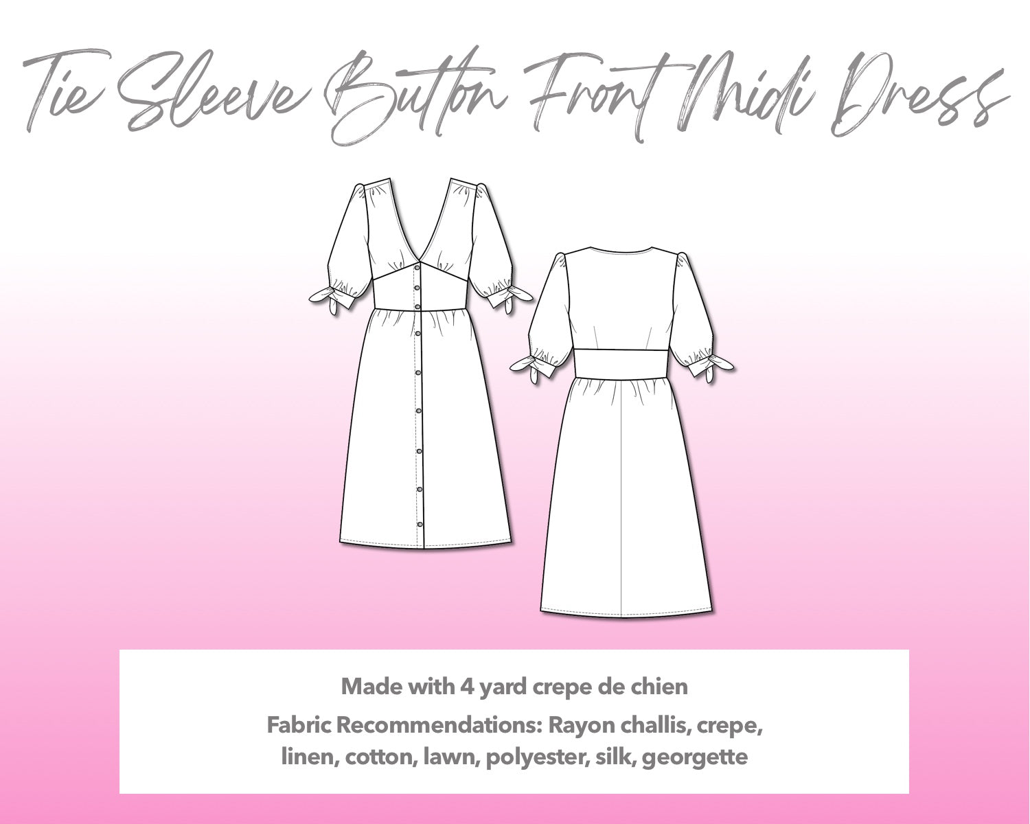 Illustration and detailed description for Tie Sleeve Button Front Midi Dress sewing pattern.