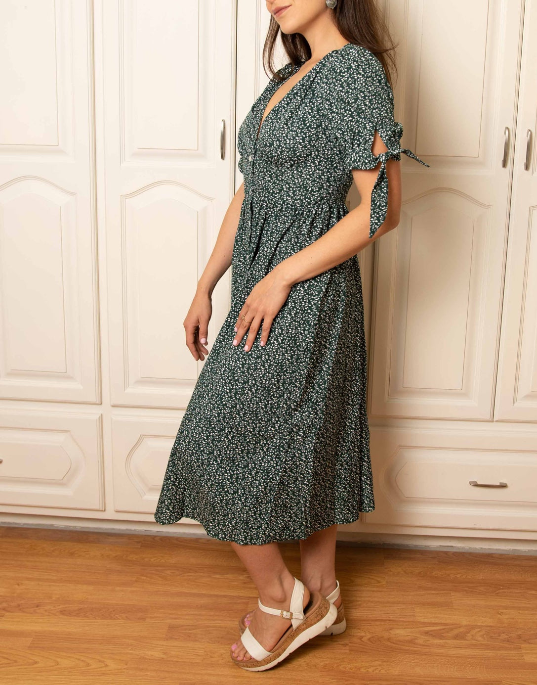 Side view of Tie Sleeve Button Front Midi Dress.