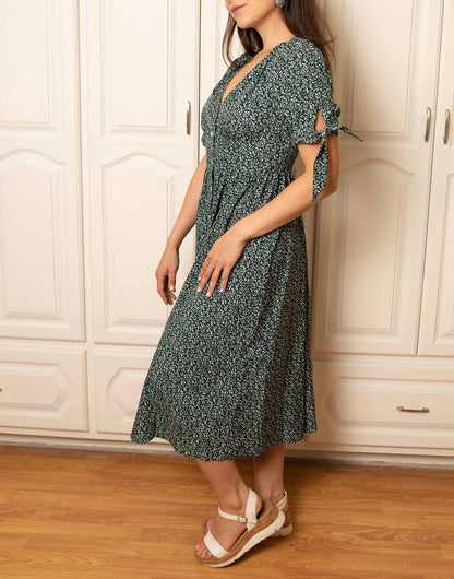 Side view of Tie Sleeve Button Front Midi Dress.
