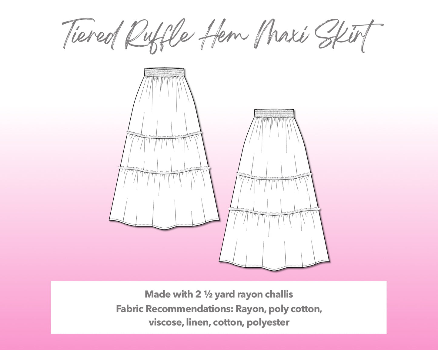 Illustration and detailed description for Tiered Ruffle Hem Maxi Skirt sewing pattern.