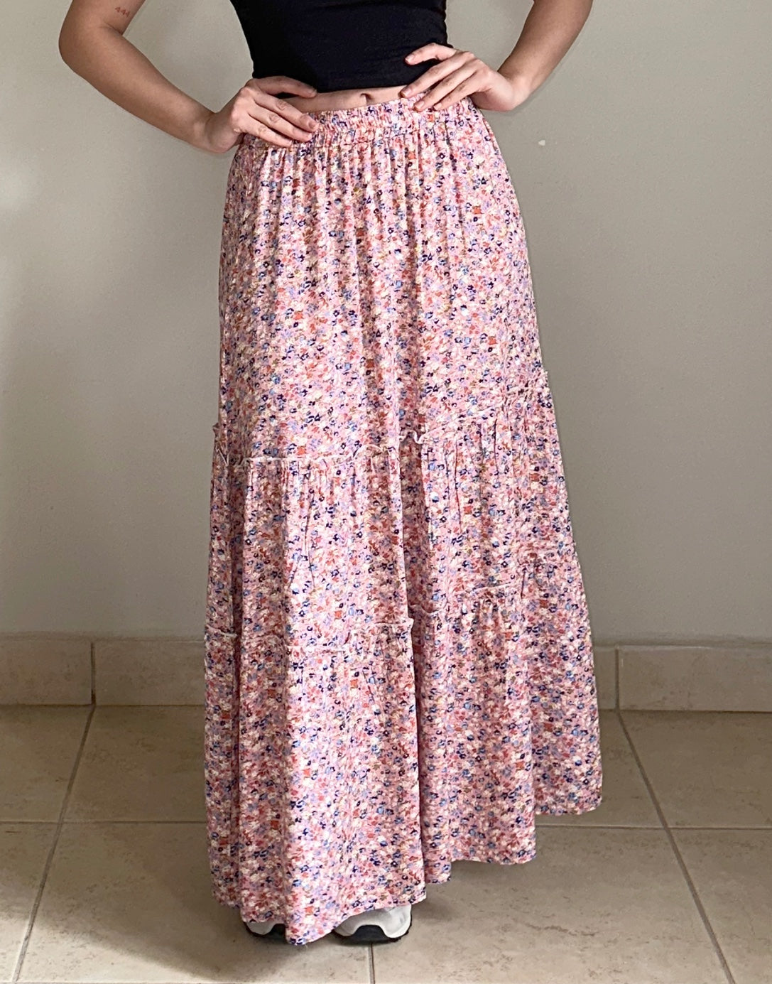 Front view of Tiered Ruffle Hem Maxi Skirt.