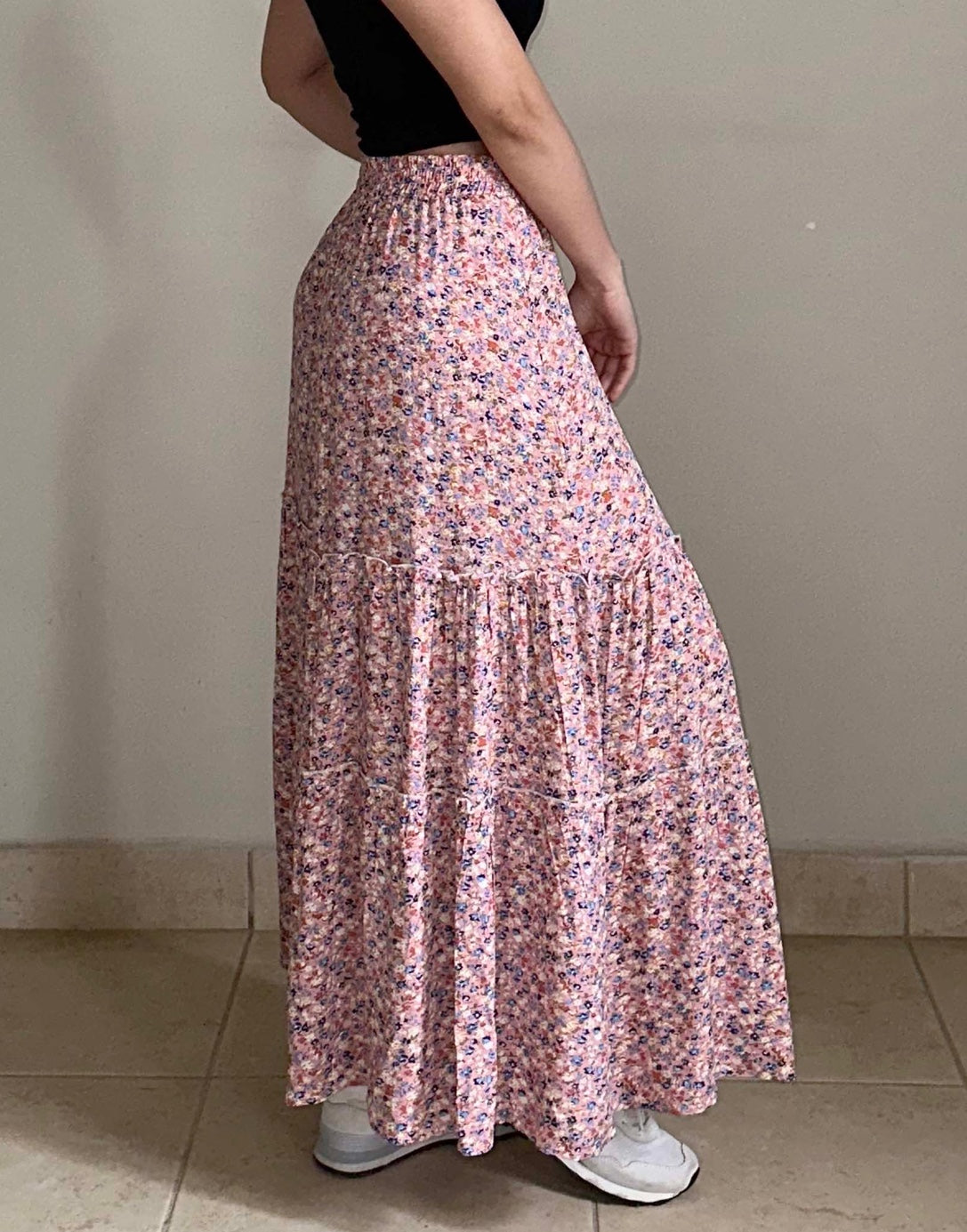 Side view of Tiered Ruffle Hem Maxi Skirt.