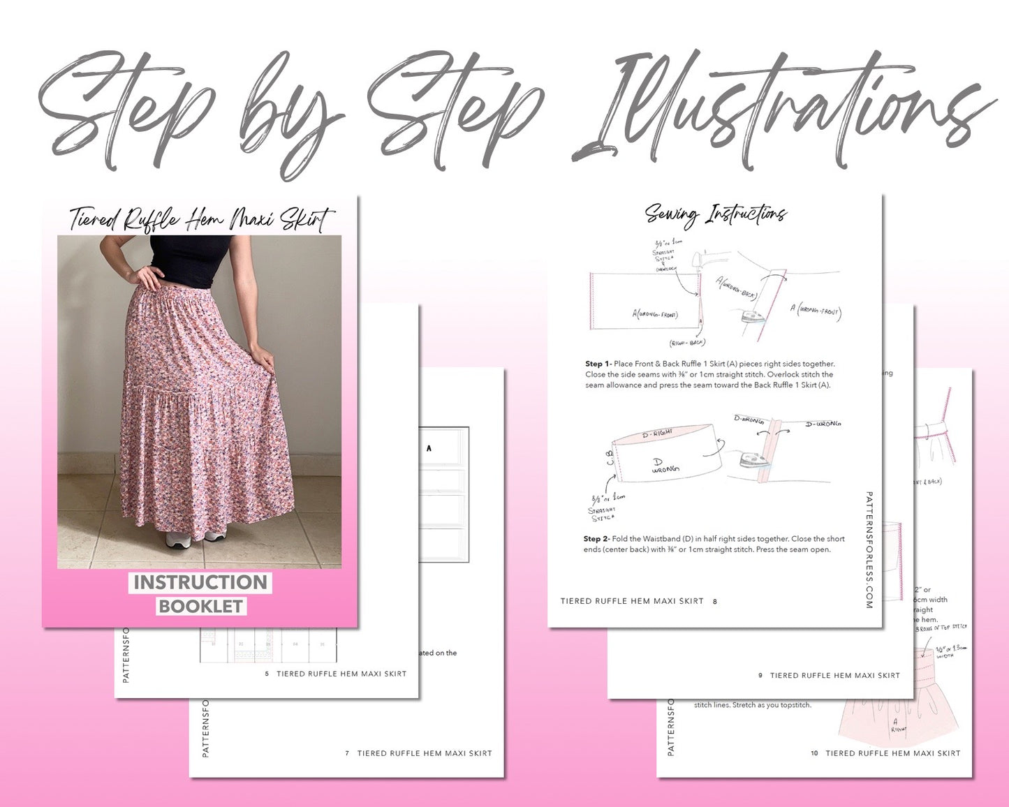 Tiered Ruffle Hem Maxi Skirt sewing pattern step by step illustrations.