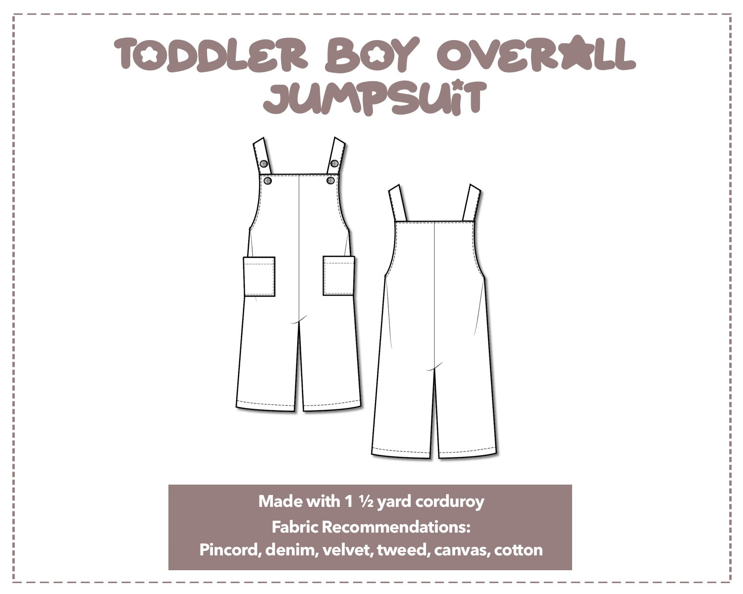 Illustration and detailed description for Toddler Boy Pocket Overall Jumpsuit sewing pattern.
