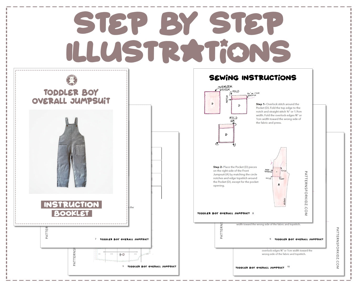 Toddler Boy Pocket Overall Jumpsuit sewing pattern step by step illustrations.
