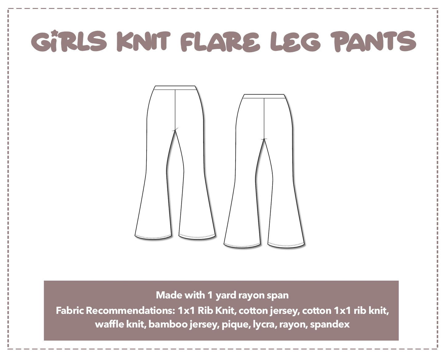 Illustration and detailed description for Knit Flare Leg Pants sewing pattern.