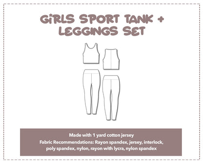 Illustration and detailed description for Sport Tank and Leggings Set sewing pattern.