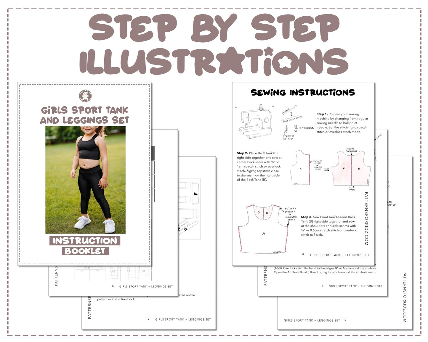 Sport Tank and Leggings Set sewing pattern step by step illustrations.