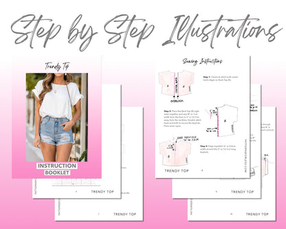 Trendy Top sewing pattern step by step illustrations.