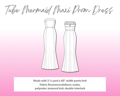 Illustration and detailed description for Tube Mermaid Maxi Prom Dress sewing pattern.