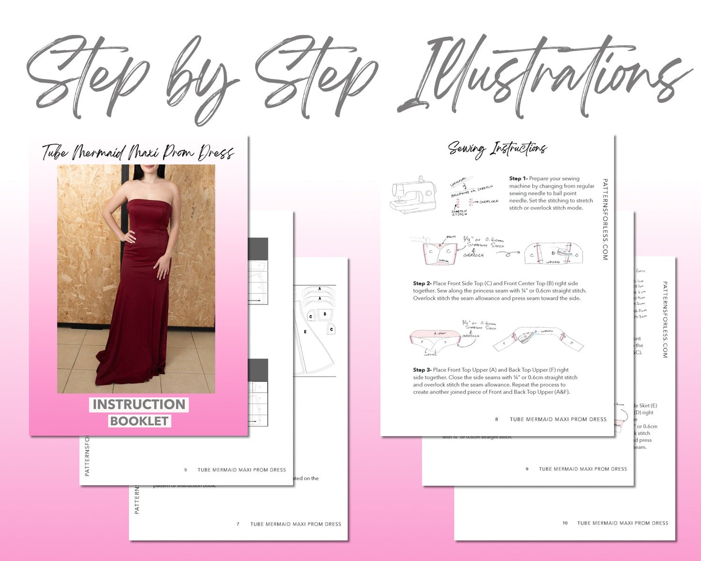 Tube Mermaid Maxi Prom Dress sewing pattern step by step illustrations.