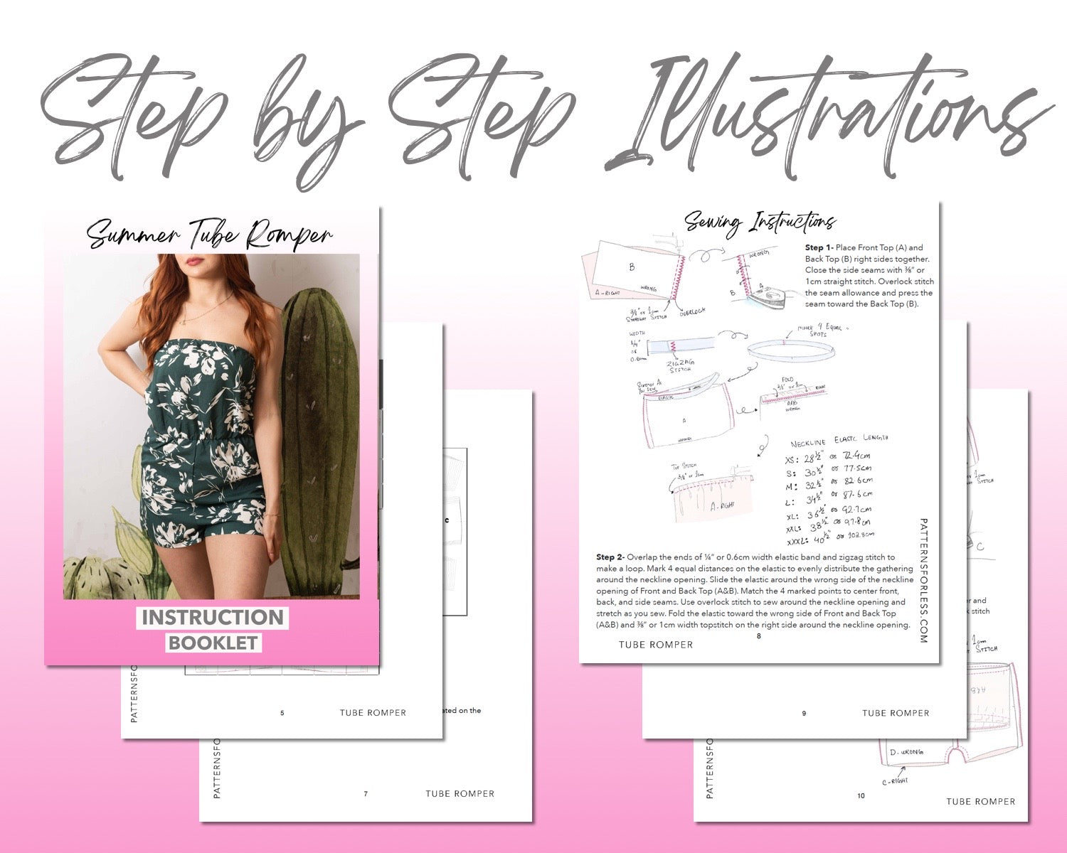 Tube Romper sewing pattern step by step illustrations.