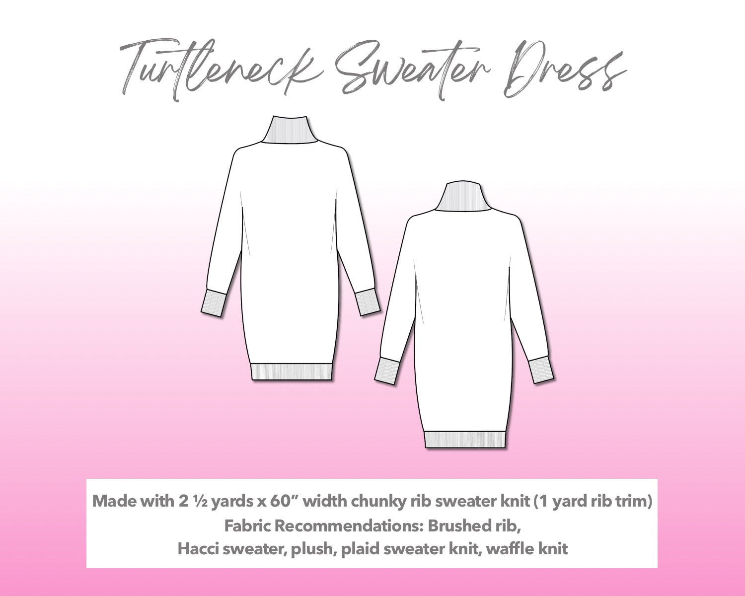 Illustration and detailed description for Turtleneck Sweater Dress sewing pattern.