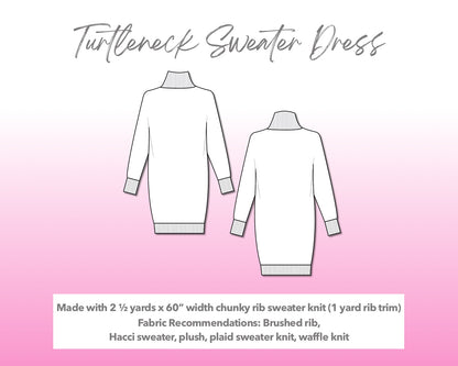 Illustration and detailed description for Turtleneck Sweater Dress sewing pattern.