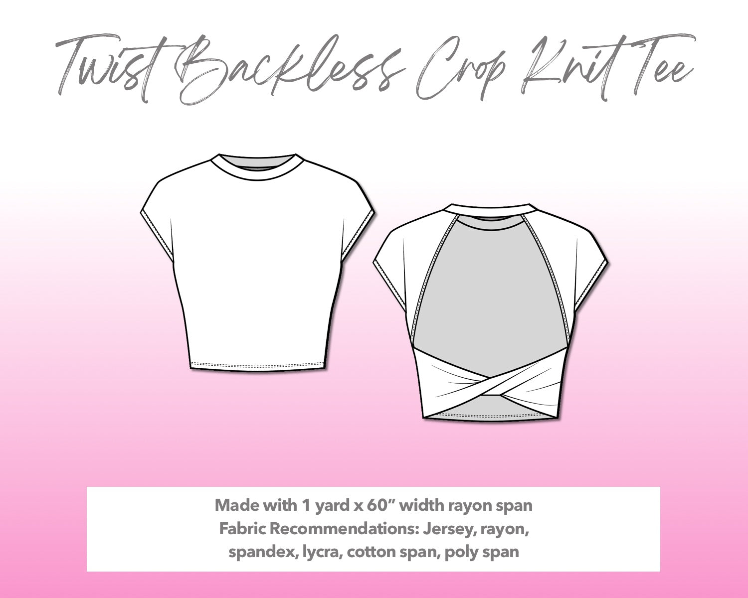 Illustration and detailed description for Twist Backless Crop Knit Tee sewing pattern.