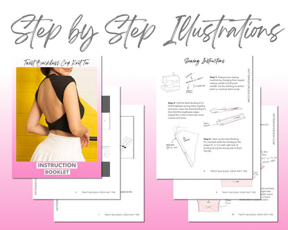 Twist Backless Crop Knit Tee sewing pattern step by step illustrations.