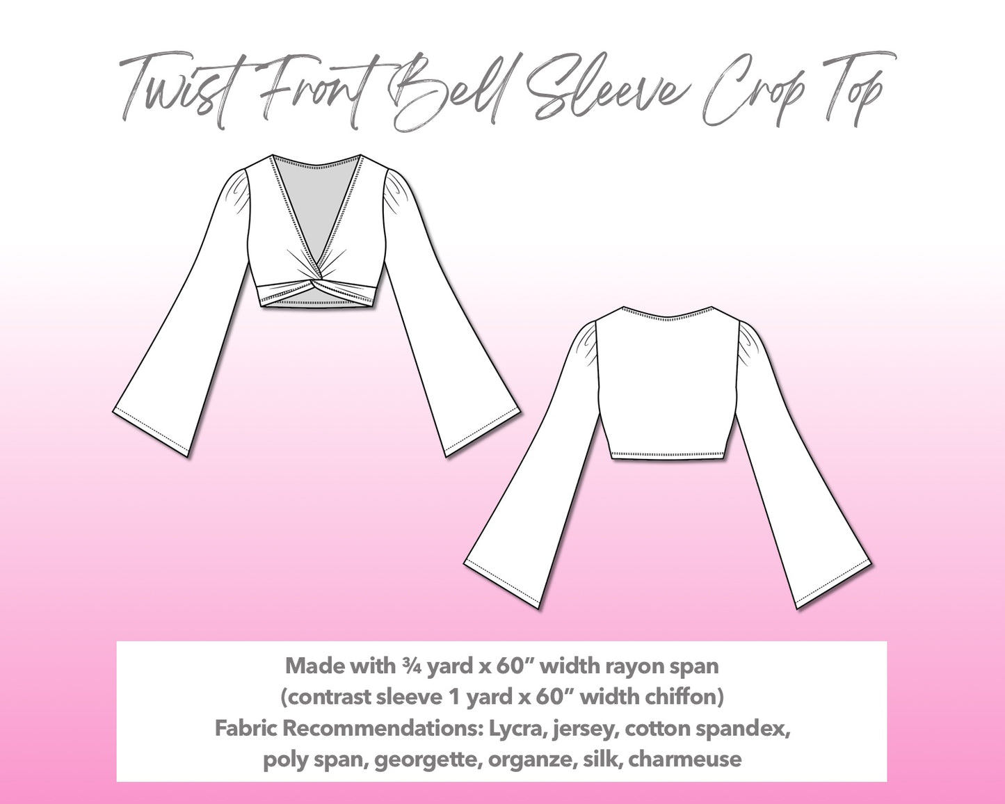 Illustration and detailed description for Twist Front Bell Sleeve Crop Top sewing pattern.