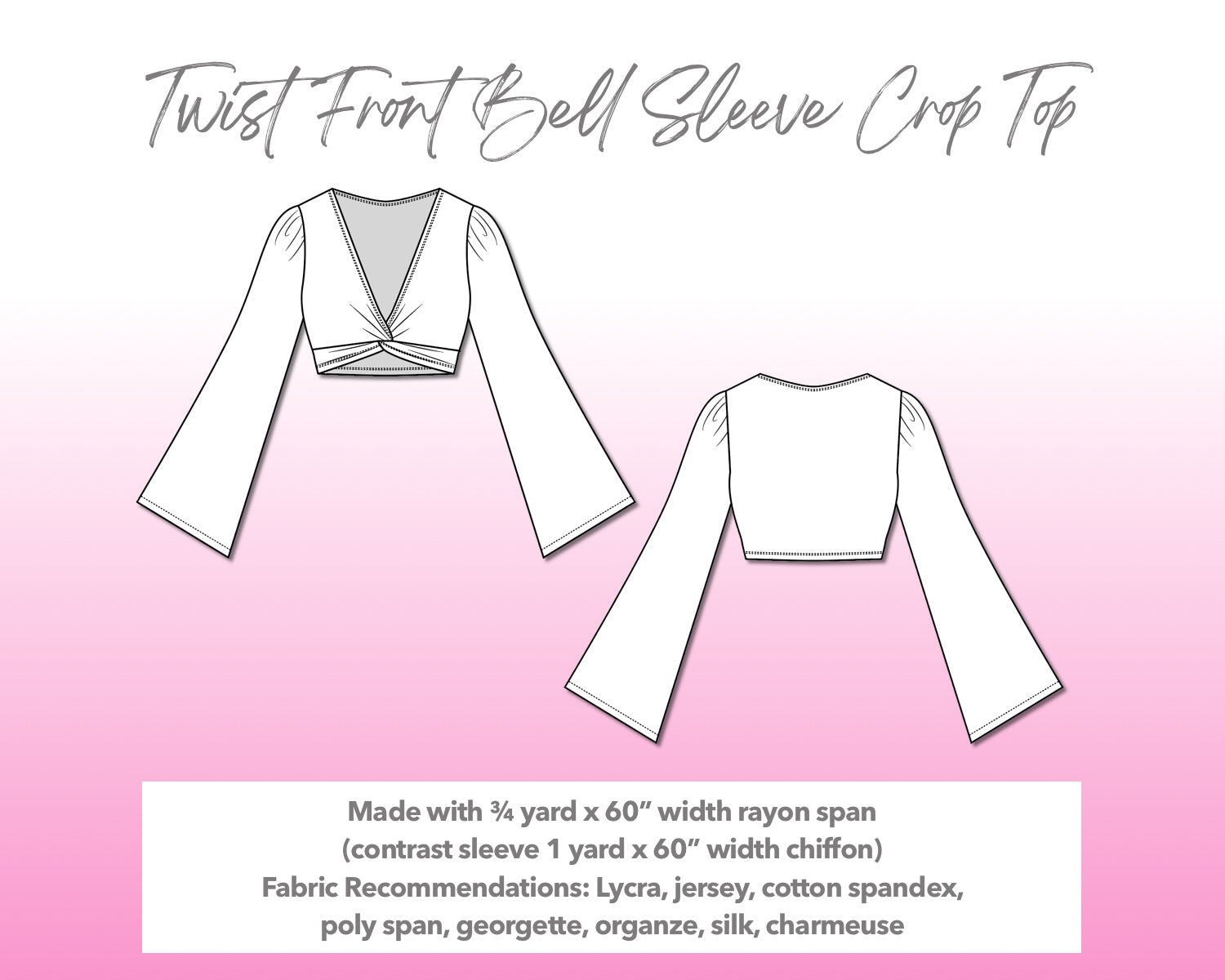 Illustration and detailed description for Twist Front Bell Sleeve Crop Top sewing pattern.