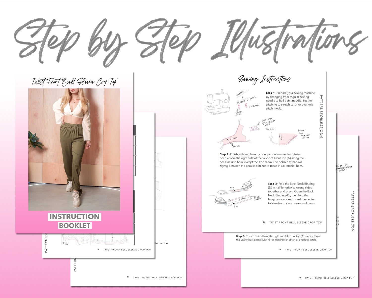 Twist Front Bell Sleeve Crop Top sewing pattern step by step illustrations.