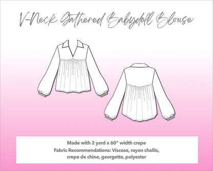 Illustration and detailed description for V-Neck Gathered Babydoll Blouse sewing pattern.