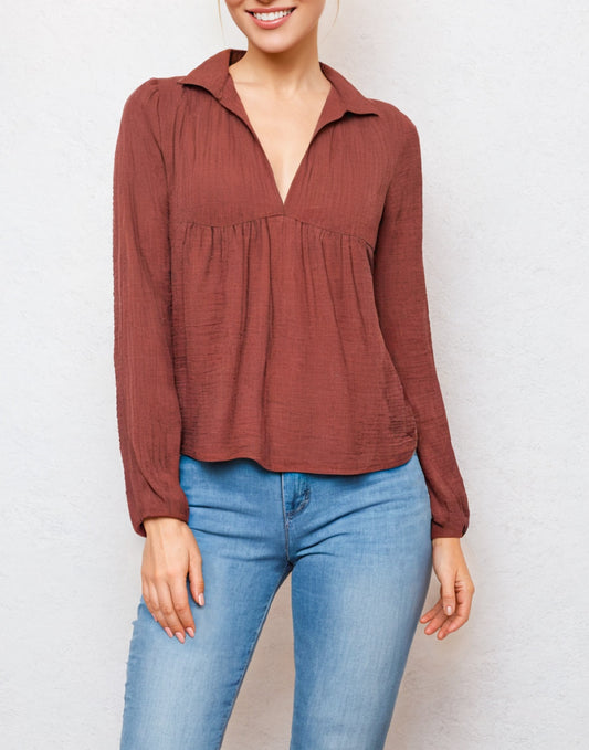 Front view of V-Neck Gathered Babydoll Blouse.
