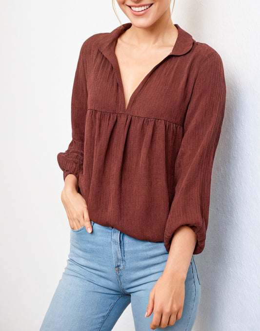 Side view of V-Neck Gathered Babydoll Blouse.