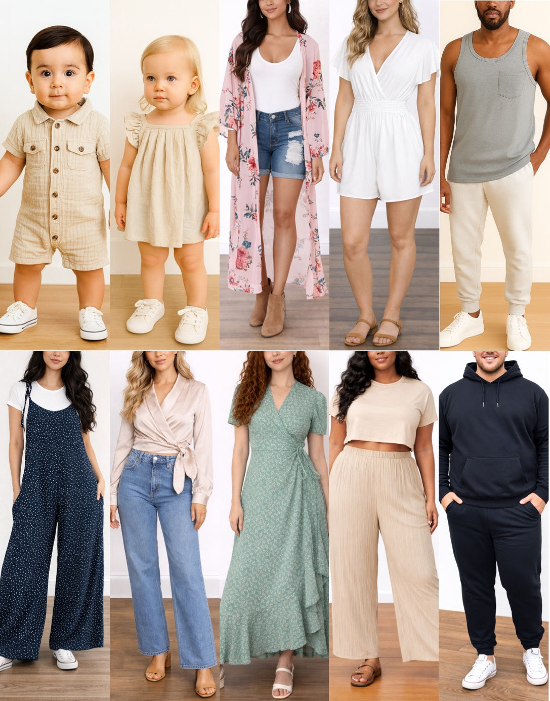 Collage of ten photos with kids, women and men wearing different style of outfits including romper, jumpsuit, robe, dress, shorts, pants, jeans, tank top, hoodie and sweatpants