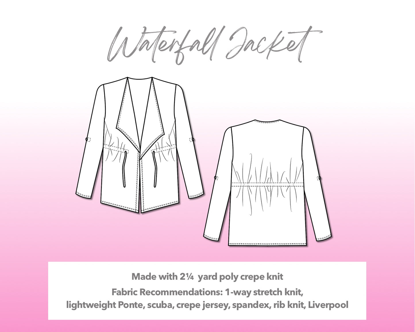 Illustration and detailed description for Waterfall Jacket sewing pattern.