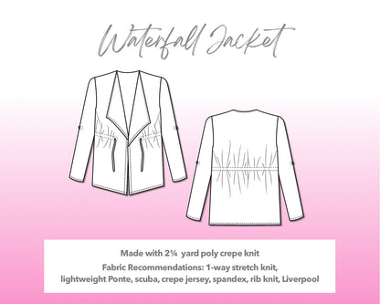 Illustration and detailed description for Waterfall Jacket sewing pattern.