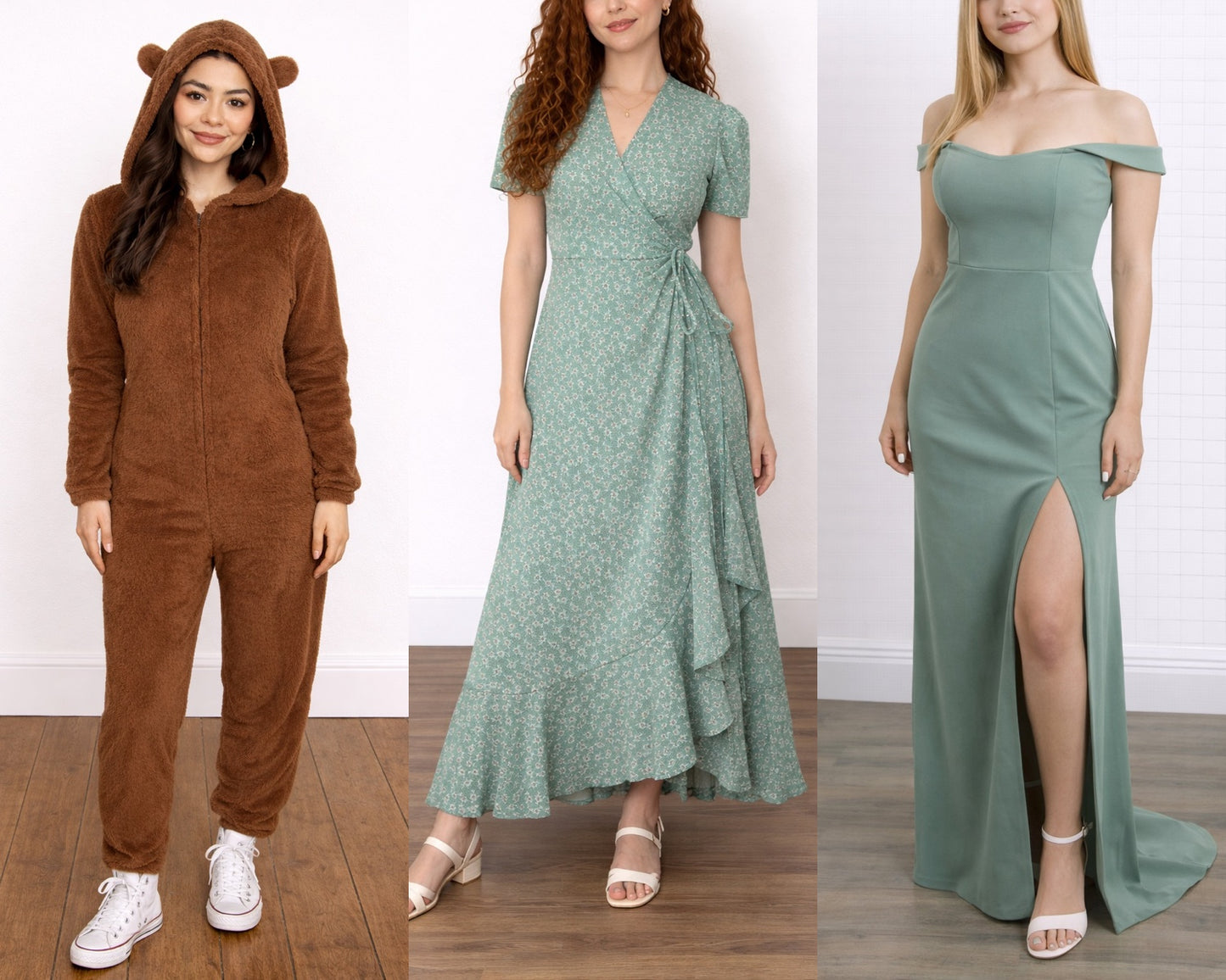 Three women in different outfits: a brown onesie, a green wrap dress, and a green off-shoulder gown.