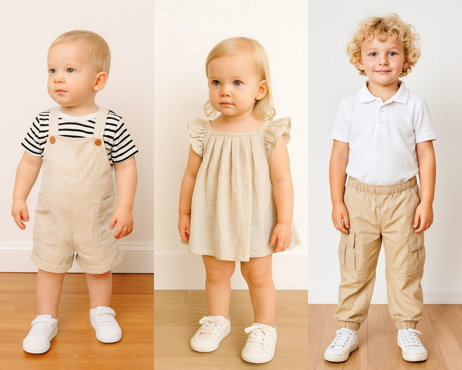 Three children in different outfits on a wooden floor with a white wall background