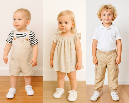 Three children in different outfits on a wooden floor with a white wall background